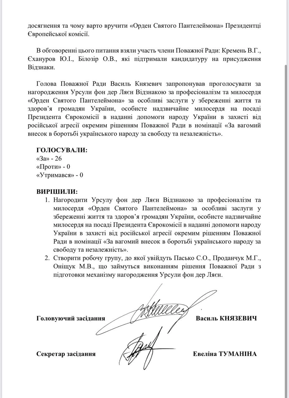 Рішення Поважної Ради від 25.01.2024 р. про вручення Відзнаки "Орден Святого Пантелеймона" Президентці Європейської комісії Урсулі фон дер Ляєн